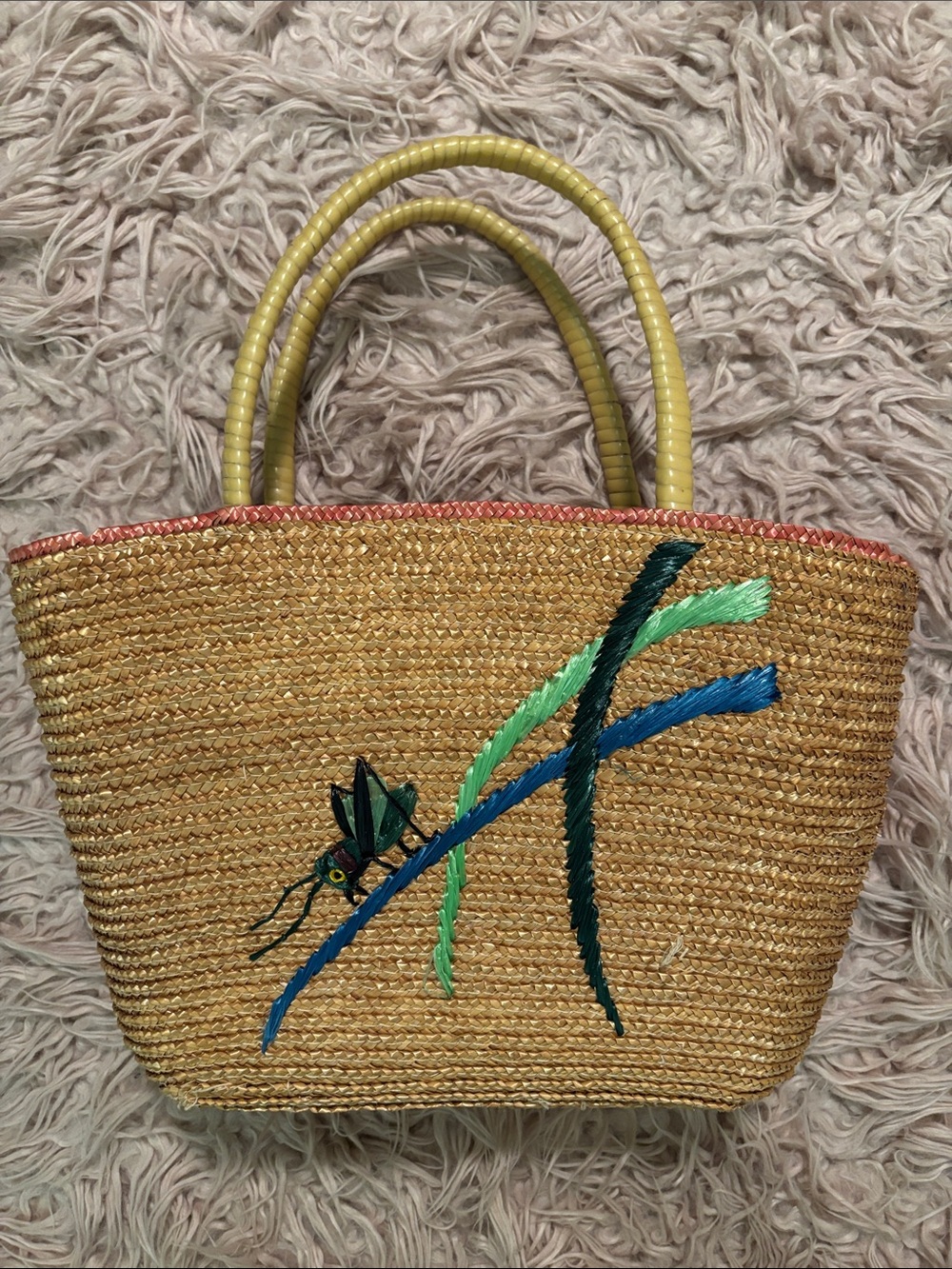 Vintage Woven Straw Tote Bag with Grasshopper Appliqué